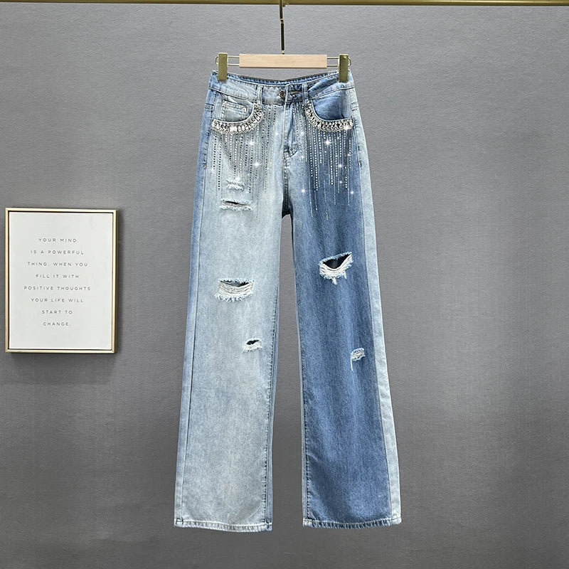 High Waist Wide Leg Jeans Women's Summer New Sle Diamond Embellied Hong Kong Sle Loose Fit Slimming Long Pants