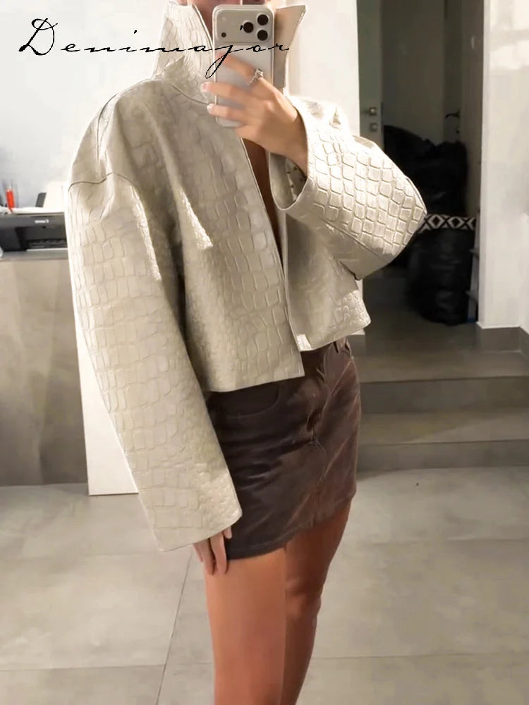 Retro Snake Print Faux Leather Cropped Jacket for Women