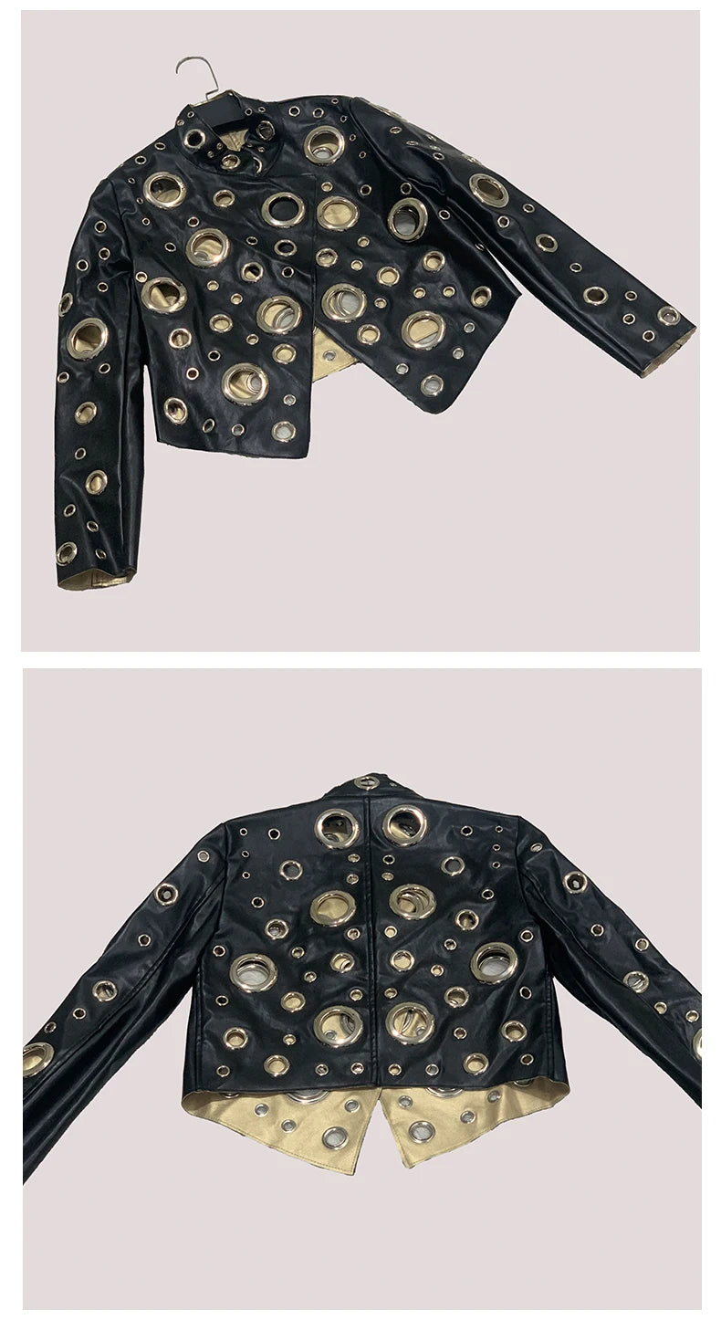 Sequin Hollow Out Patchwork Faux Leather Jacket For Women