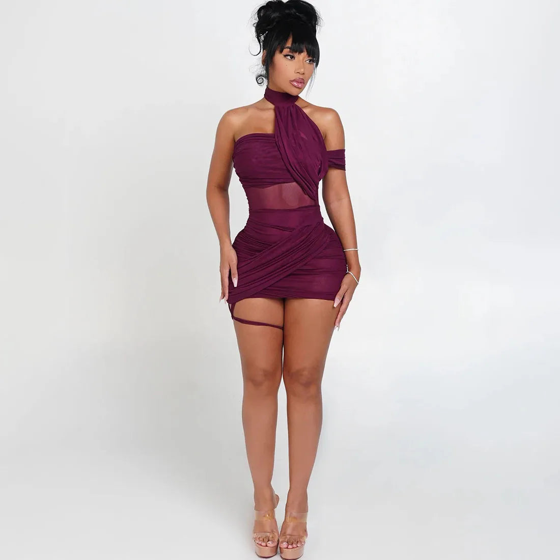 Sheer Cross Bandage Backless Halter Mini Dress for Women