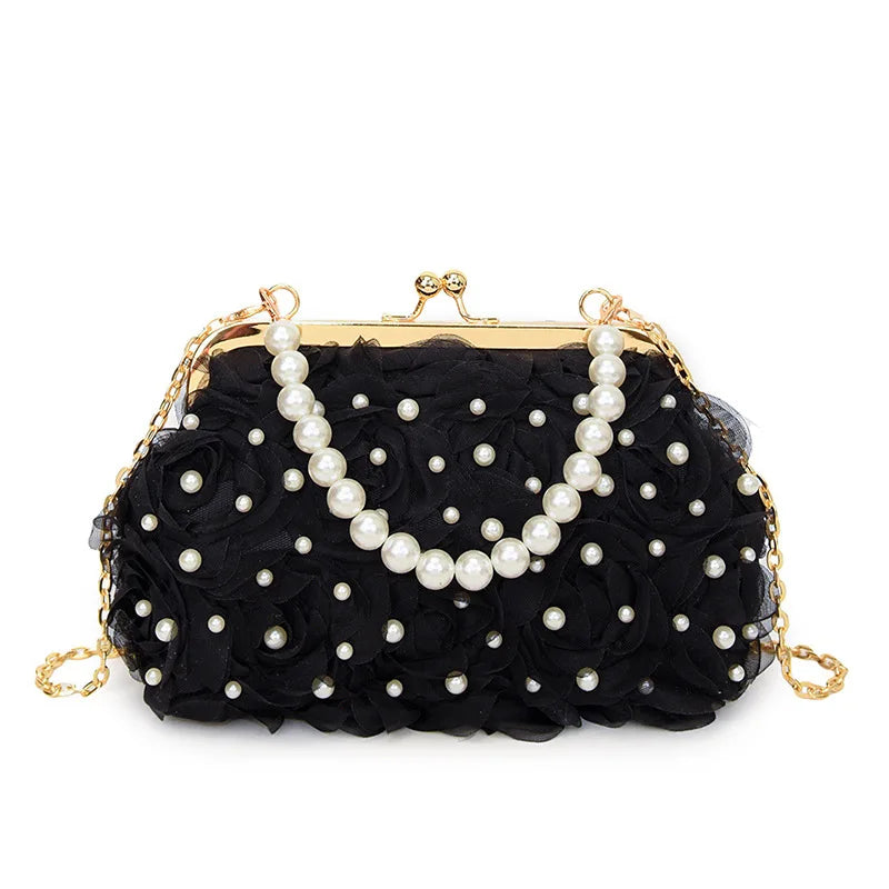 Pearl Floral Chain Evening Crossbody Bag