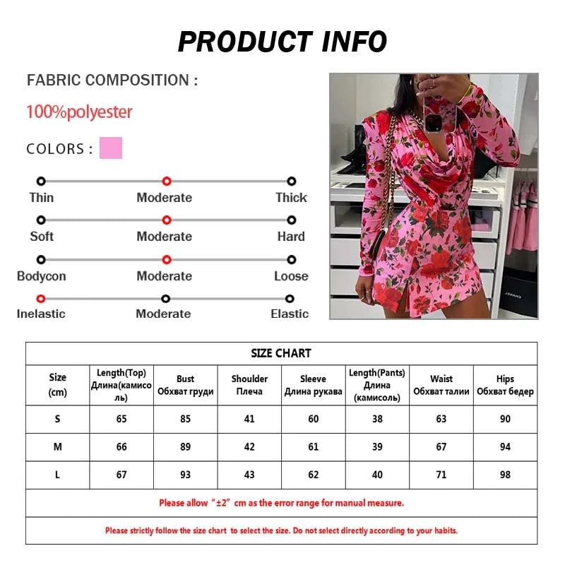 Oymimi Elegant Pink Print 2 Pieces Set For Woman Fashion V-Neck Long Sleeve Slim Tops And High Waist Side Slit Shorts Skirt Sets