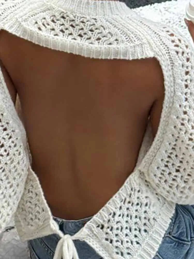 Long Sleeve Sheer Open Back Knit Sweater for Women