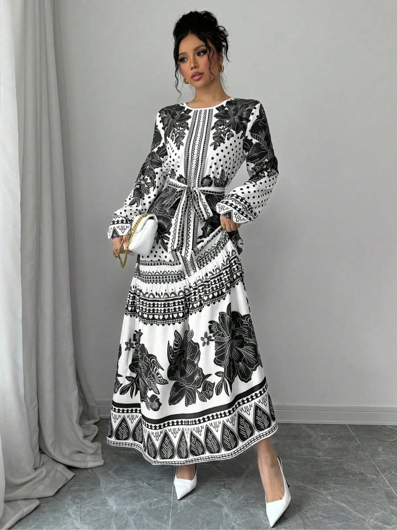 Women's Floral Print Belted Dress, Elegant Fashion Casual Long Sleeve Dress for Daily Outdoor Wear, Women Dress for Summer