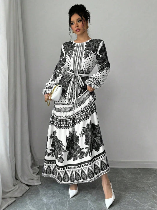 Women's Floral Print Belted Dress, Elegant Fashion Casual Long Sleeve Dress for Daily Outdoor Wear, Women Dress for Summer