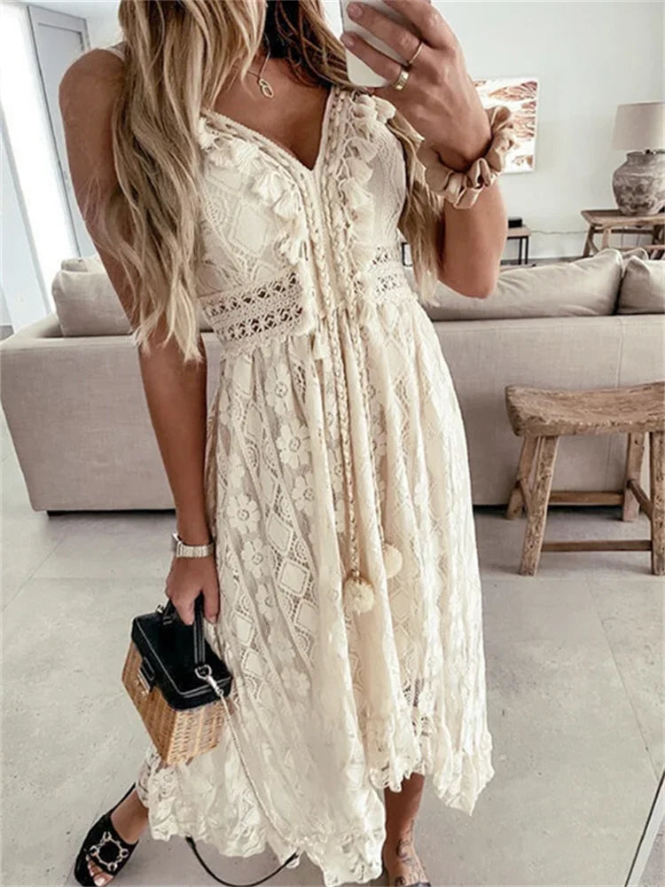 Lace White Sleeveless V Neck Flowy Ruffle Long Dress for Women