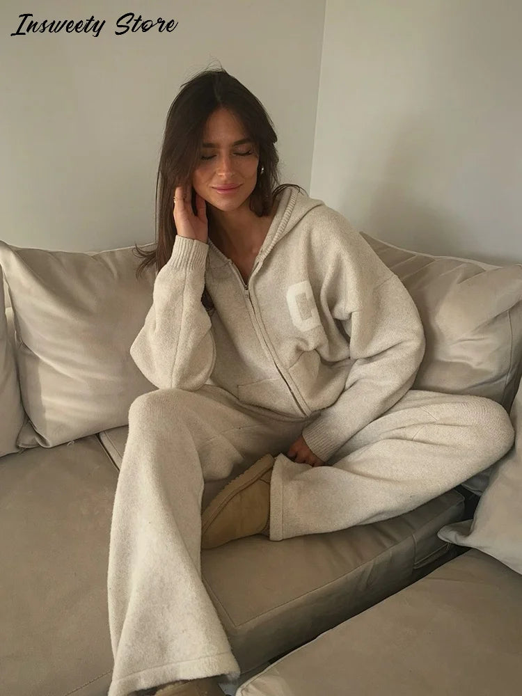 Letter Print Hooded Two Piece Set With Wide Leg Pants for Women