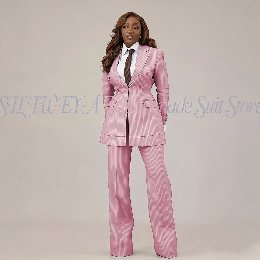 Slim Fit Brown Striped Blazer Set With Pants For Women