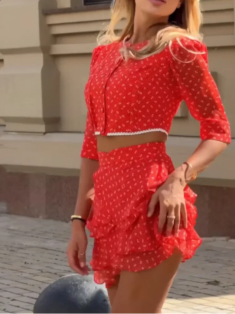 Floral Puff Sleeve Top and Mini Skirt Set for Women
