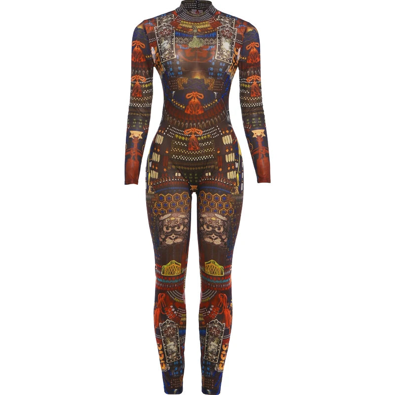 Midnight Stretch See Through Round Neck Zip Jumpsuit for Women