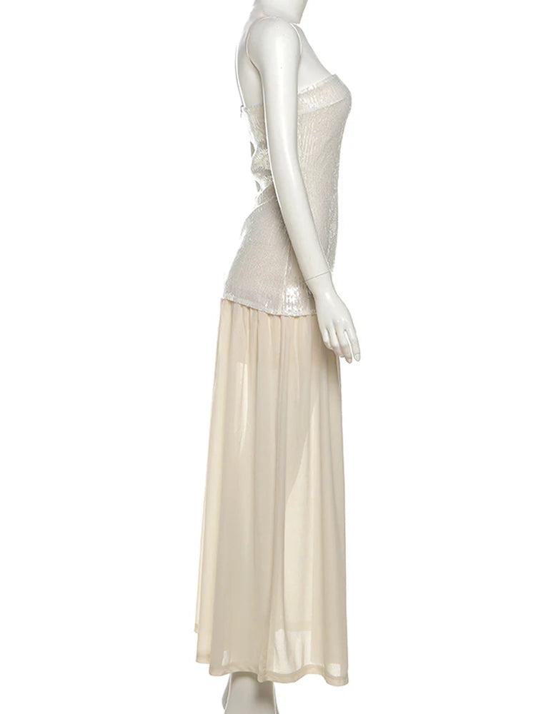 SIsterlinda Fashion Chic Sequin Dress Women Sexy Sleeveless Patchwork Zipper Beach Vacation Birthday Party Club Stretch Bodycon