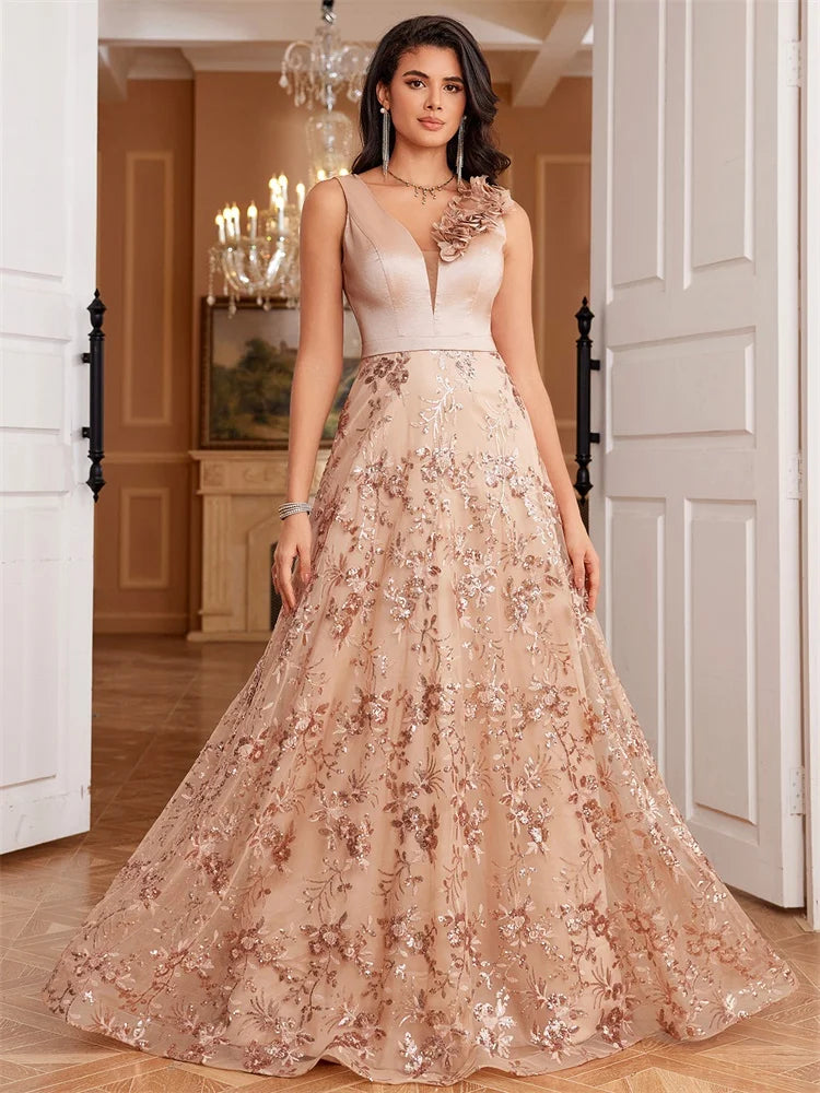 Elegant V-Neck Gold Floral Evening Dress Long 2024 Luxury Women Chiffon Sleevesless Party Dress Prom Cocktail Dress