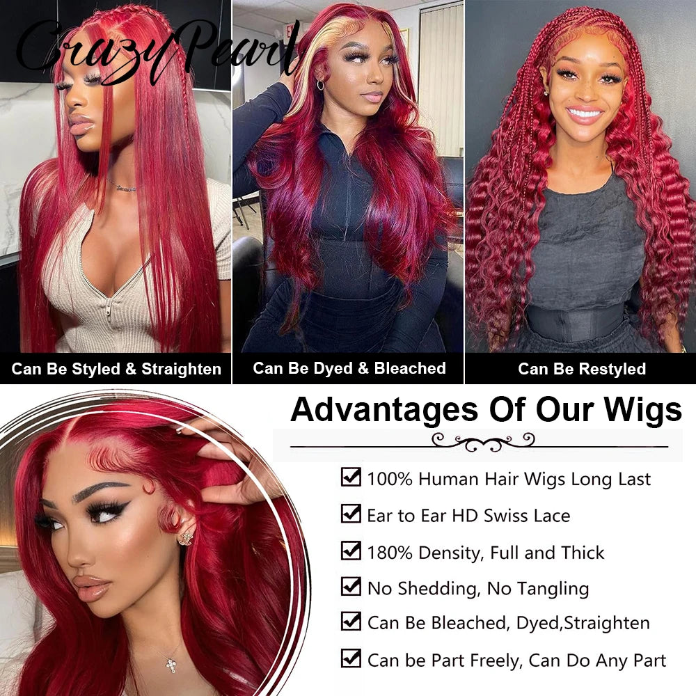 Burgundy Body Wave Lace Front Human Hair Wig for Women
