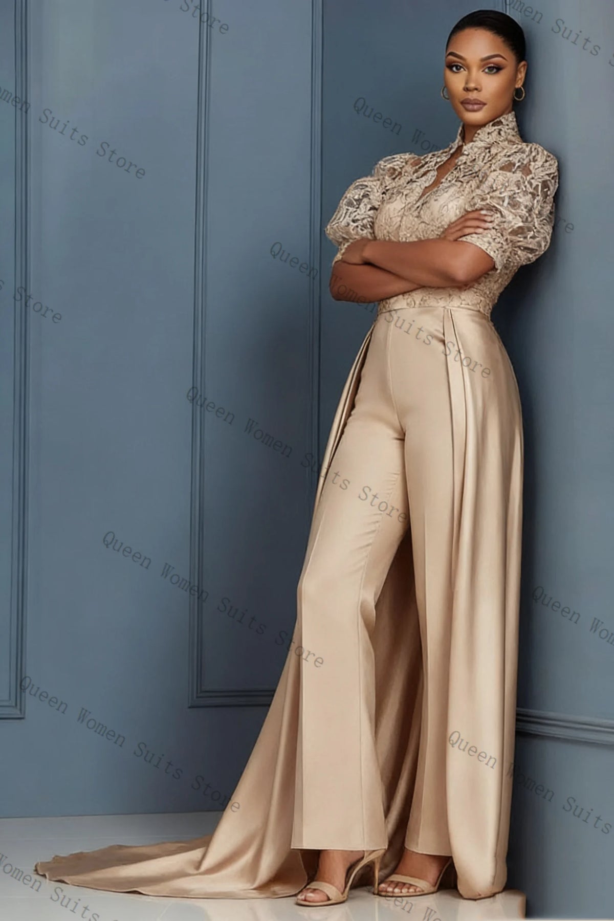 Elegant Champagne Lace Trim Blazer And Pants Suit Set For Women