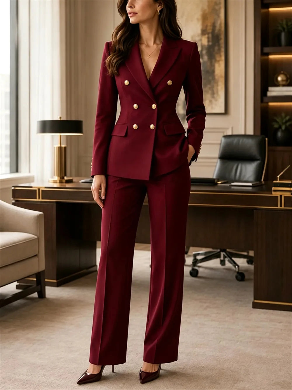 Burgundy Power Women's Suit 2 Pcs Double-Breasted Business Pantsuit Custom Tailored Office & Formal Wear Set (Blazer+Pants)