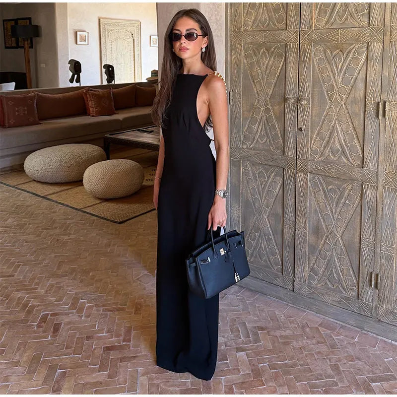 Polka Dots Backless Sleeveless Beaded Square Collar Long Dress for Women