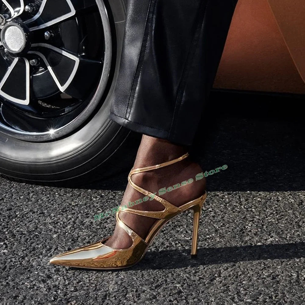 Elegant Gold Pointy Toe Buckle Strap Thin Heel Sandals for Women
