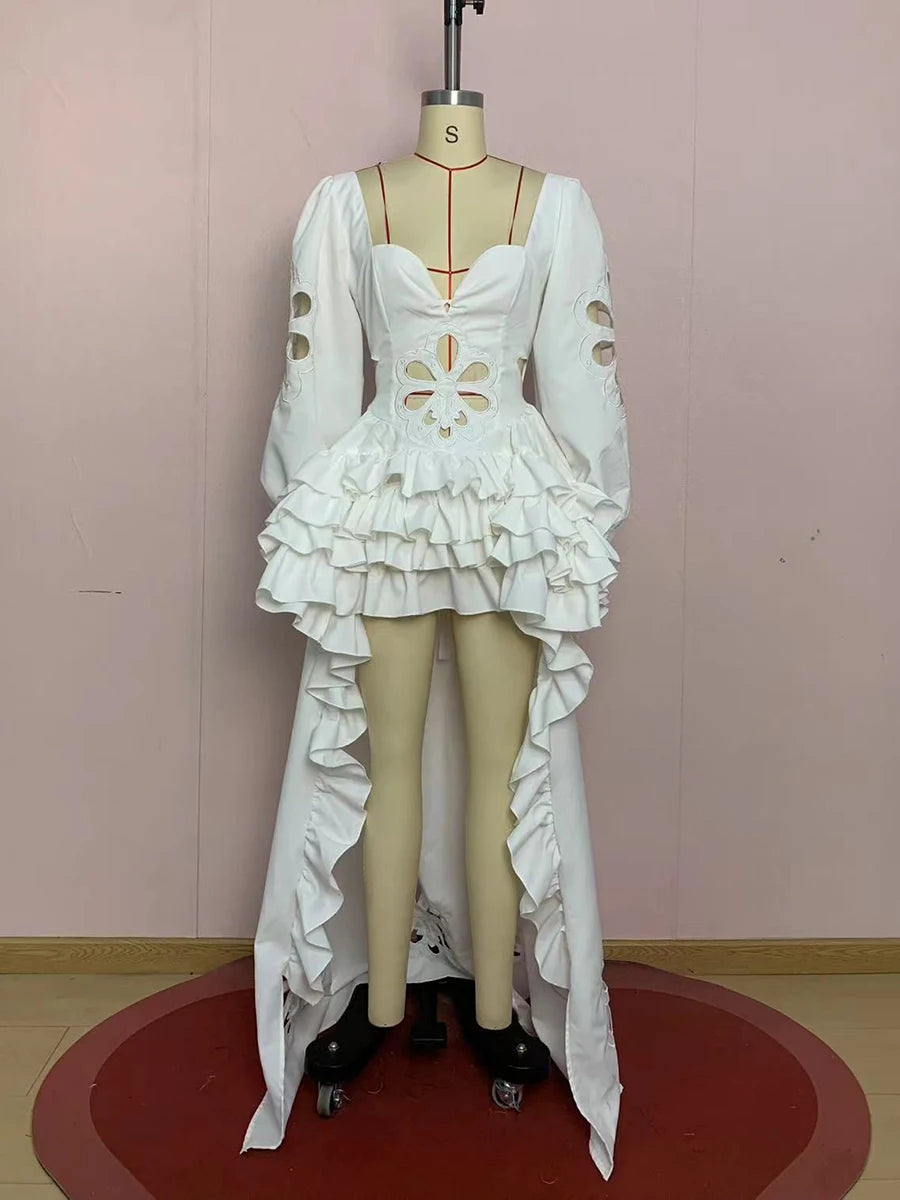 White Floral Cutout Puff Sleeve Gown With Asymmetric Train for Women
