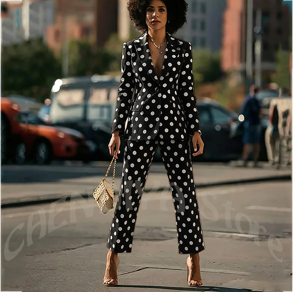 White Polka Dot Women's Suit 2 Pieces New Design Single Button Blazer Ankle Pants Fashion Set Formal Party Business Office Wear