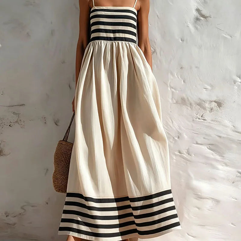 Striped Square Neck Backless A-Line Maxi Dress for Women