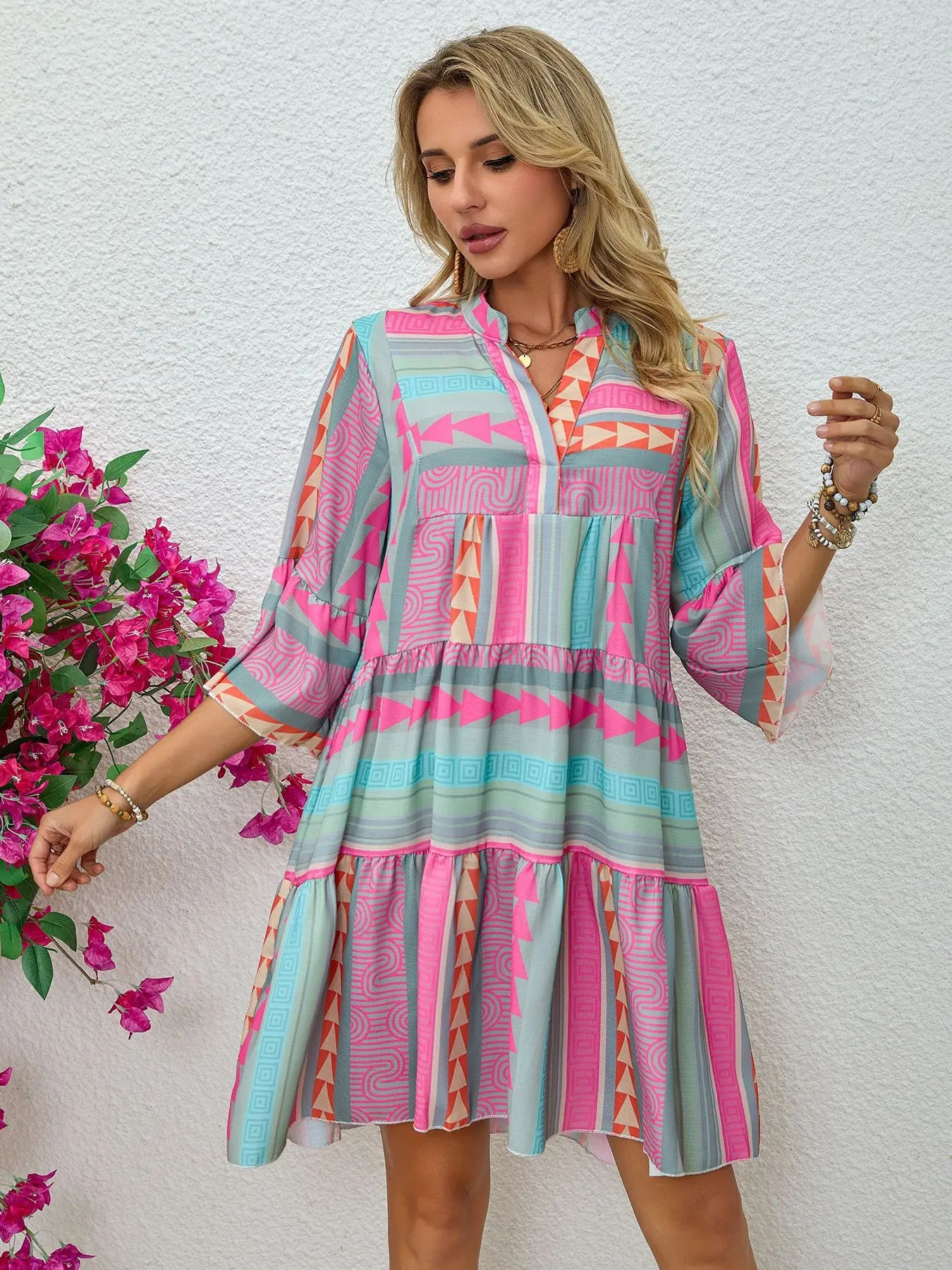 Floral Print V Neck Three Quarter Sleeve Pullover Dress For Women