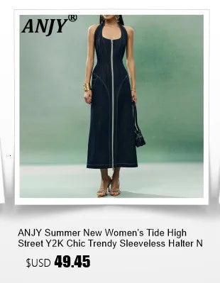 ANJY Summer New Women's Tide High Street Y2K Chic Trendy Sleeveless Halter Neck Backless Waist Cinching Zipper Denim Dress A8053