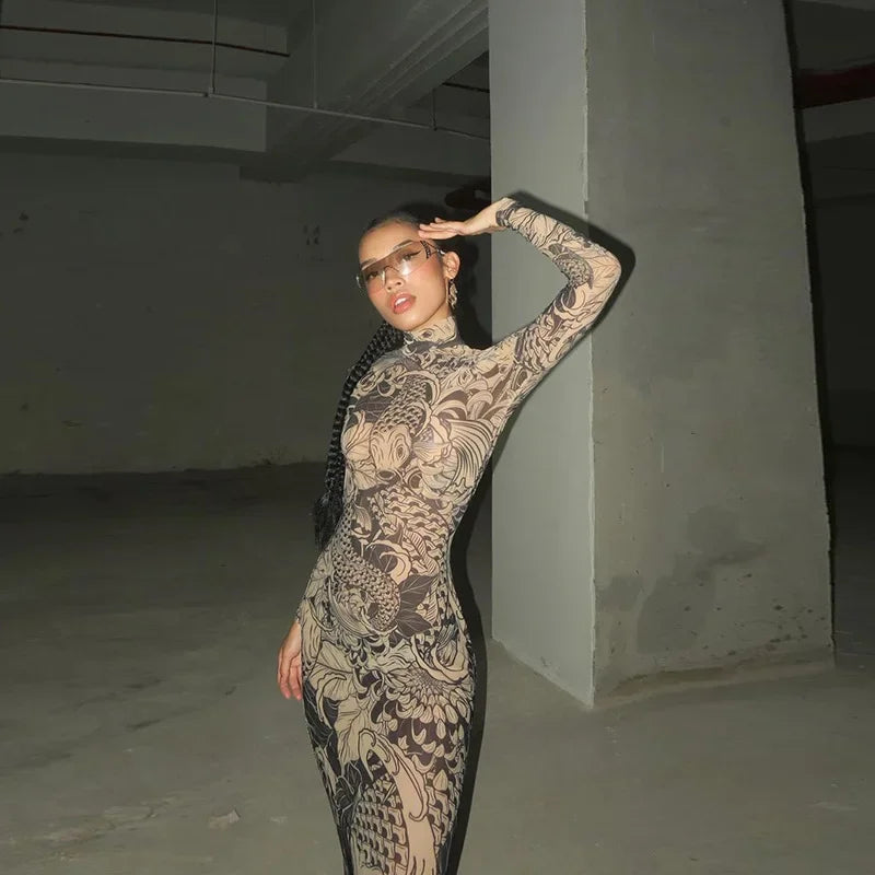 Women 2023 Autumn Winter Long Sleeve Mesh See Through Streetwear Bodycon Long Dress Wholesale Items For Business