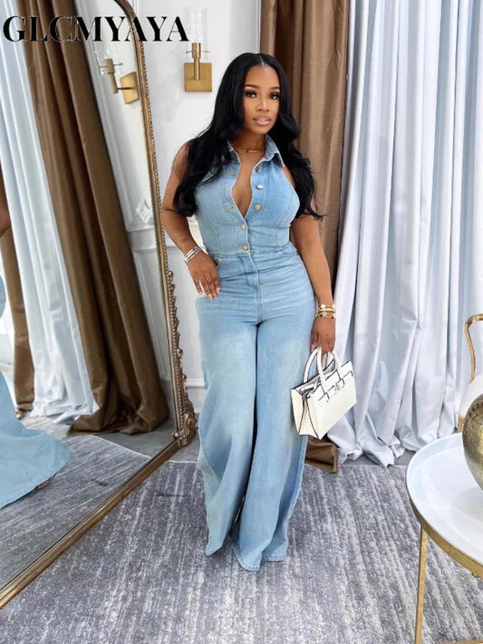 CM.YAYA Women Denim Sleeveless Single Breasted Wide Leg Jeans Jumpsuit Halter Neck Backless 2025 Summer One Piece Suit Playsuits