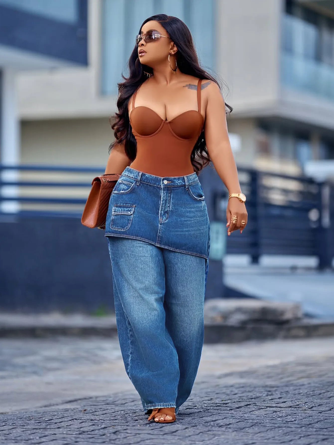 High Waisted Wide Leg Denim Jeans With Detachable Skirt For Women