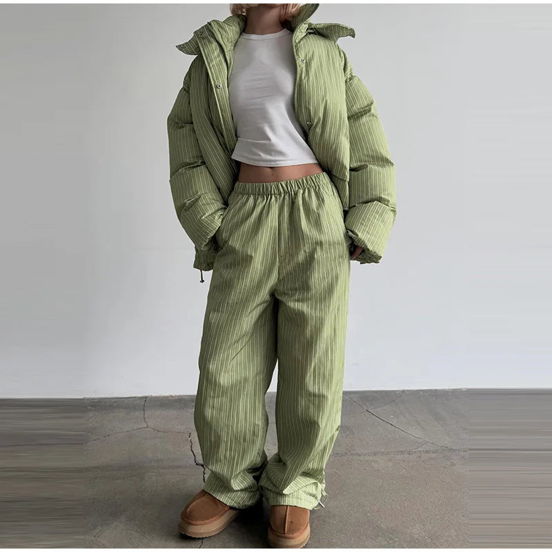 Striped Hooded Puffer Jacket and Wide Leg Pants Set for Women