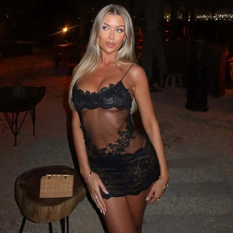 Sexy Sheer High Waist Lace Patchwork Dress for Women