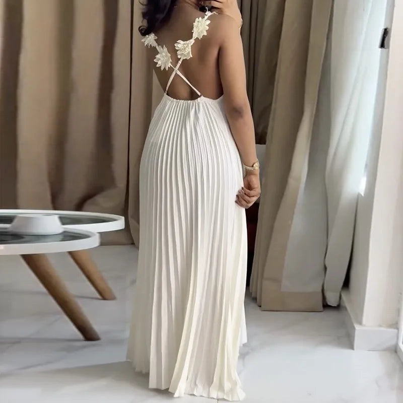Pleated Strapless Flower Detail Maxi Dress for Women