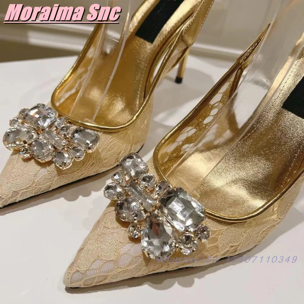Elegant Crystal Lace Pointed Toe Slingback Sandals for Women