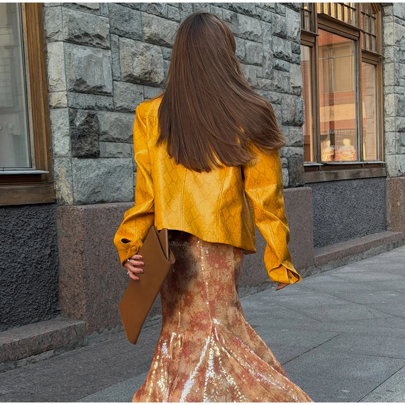 Retro Snake Print Faux Leather Cropped Jacket for Women