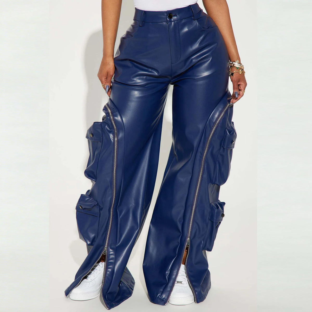 High Waist Wide Leg Faux Leather Cargo Pants for Women