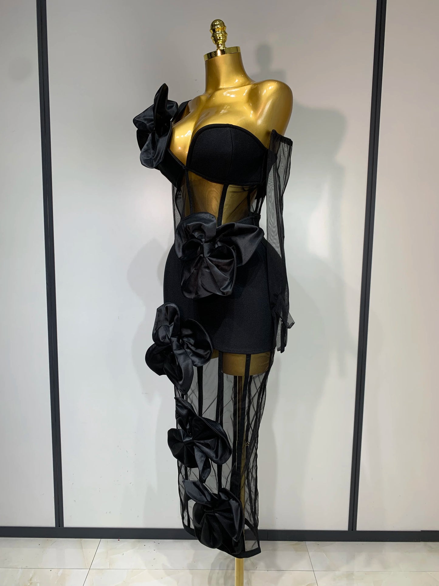 Women Sexy One Shoulder Bow Mesh See Through Bandage Bodycon Dress With Gloves Black Sleeveless Elegant Party Birthday Dresses