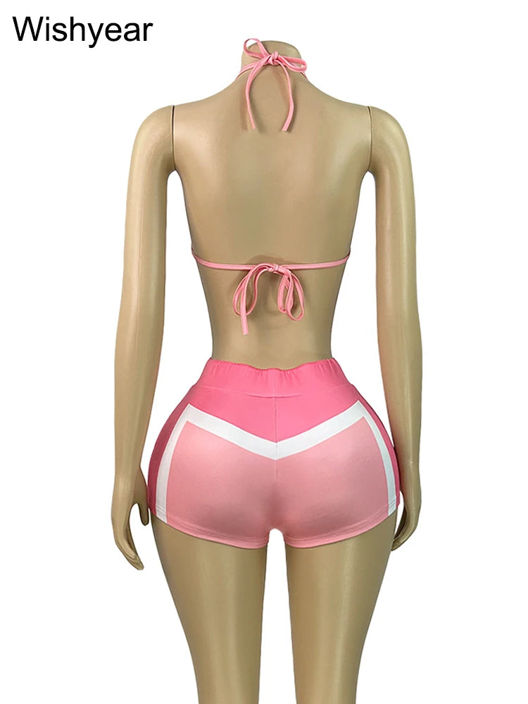 Striped Three Piece Jacket Crop Top And Shorts Set for Women