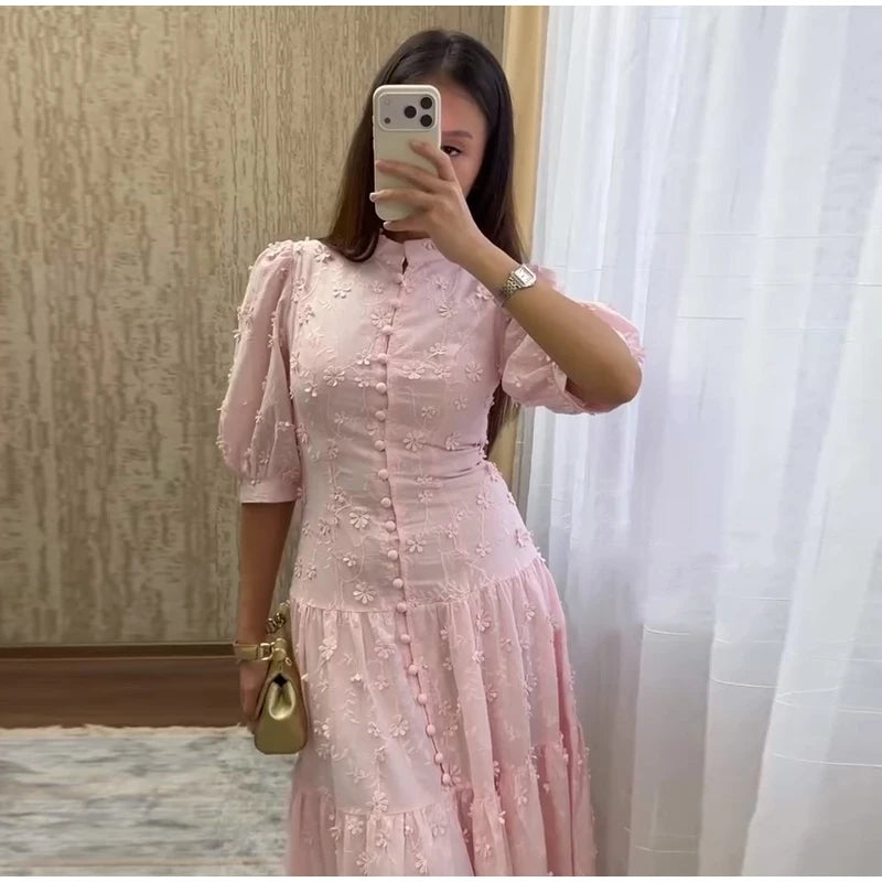 Floral Puff Sleeve Empire Waist Long Dress for Women