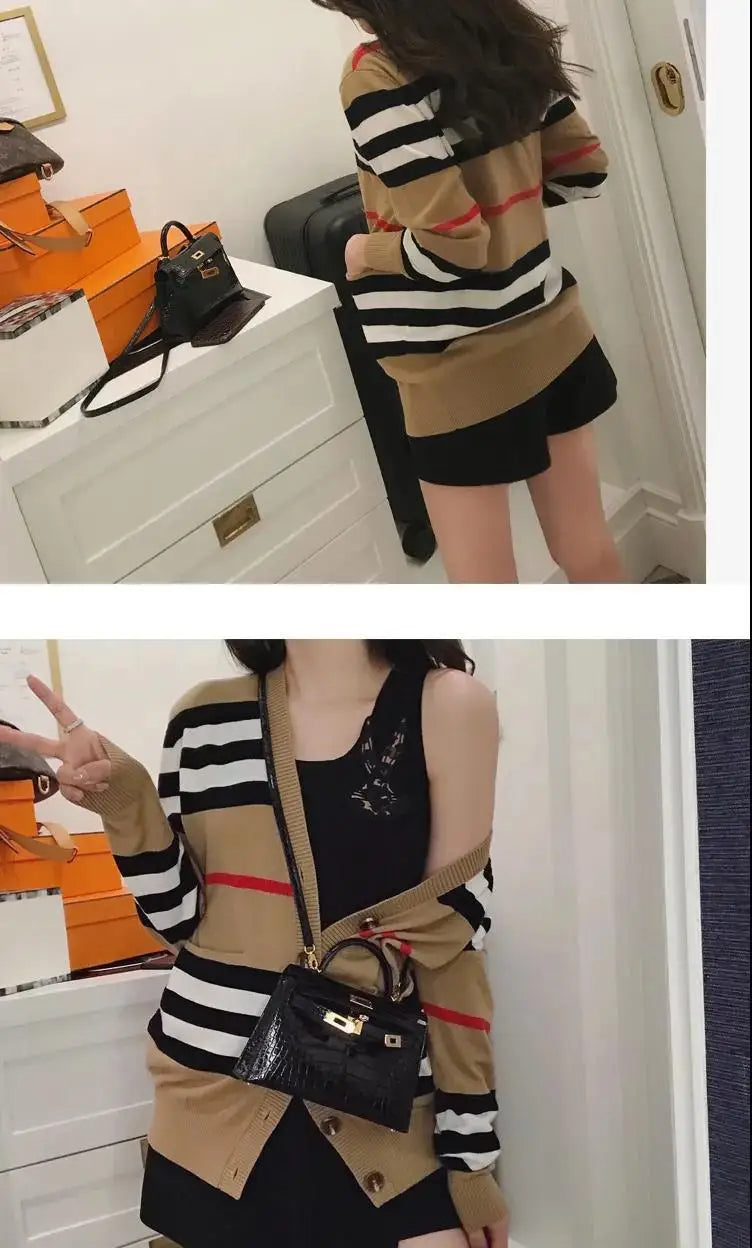 Women's Coat Spring and Autumn Classic Striped Color-block V-neck Mid-length Knitted Cardigan Loose Sweater Coat