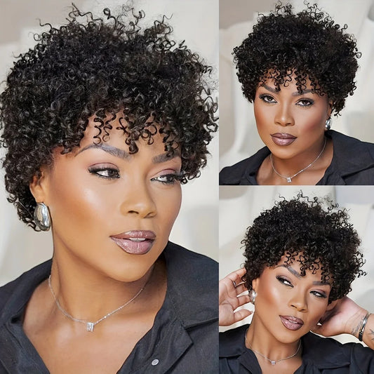Short Afro Kinky Curly Human Hair Wigs With Bangs Brazilian Virgin Pixie Wig For Black Women 180% Density Full Machine Made Wig