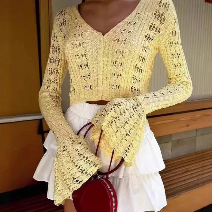 Autumn Knitted Cardigan Female Solid V-Neck Hollow Out Short Knitted Top Fashion Casual Loose Commuter Female T-Shirt