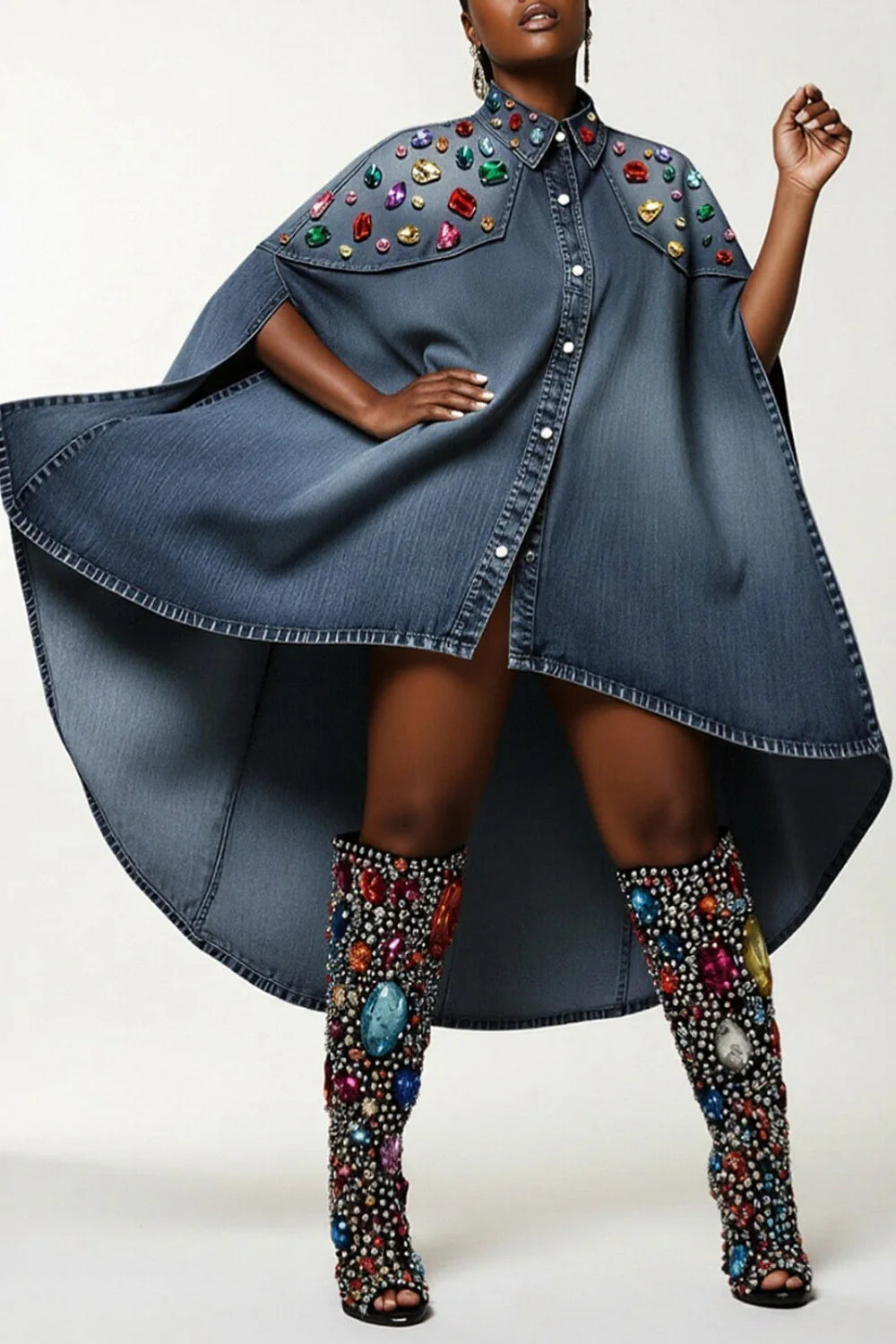 Plus Size Party Blue Shirt Collar Half Sleeve Denim Mini Dress for Women