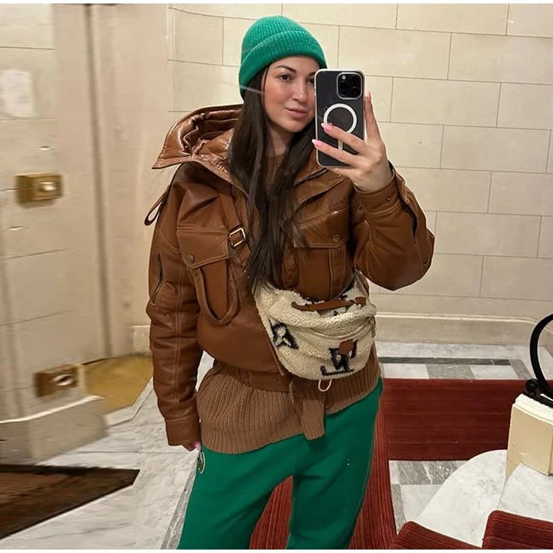 Fur Collar Women 's Leather Jackets Vintage Hooded Zipper Pockets Full Sleeve Jackets Lady 2025 New Woman Winter Coats Outwears