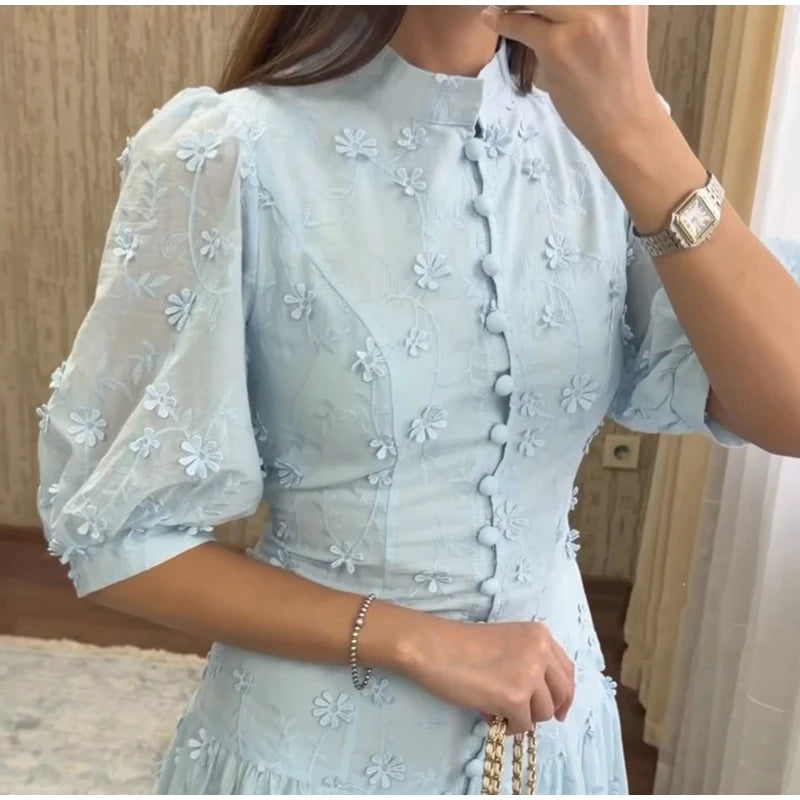 Floral Puff Sleeve Empire Waist Long Dress for Women