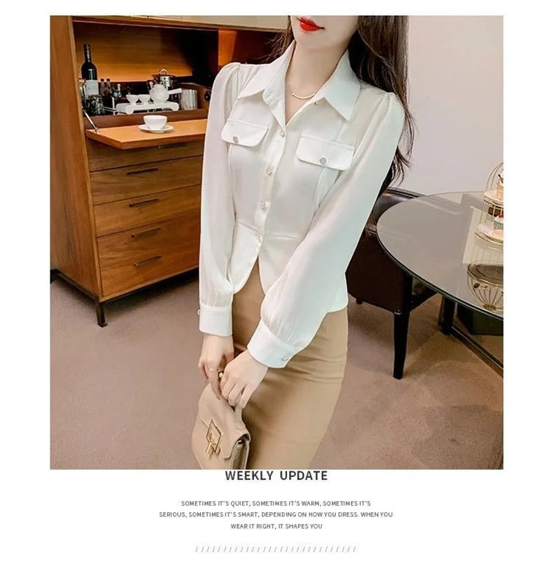 Autumn 2025 New Women Short Long-sleeved Chiffon Blouse Shirt Western-style Blouse Female  Slim Pure Colour Bottoming Shirt