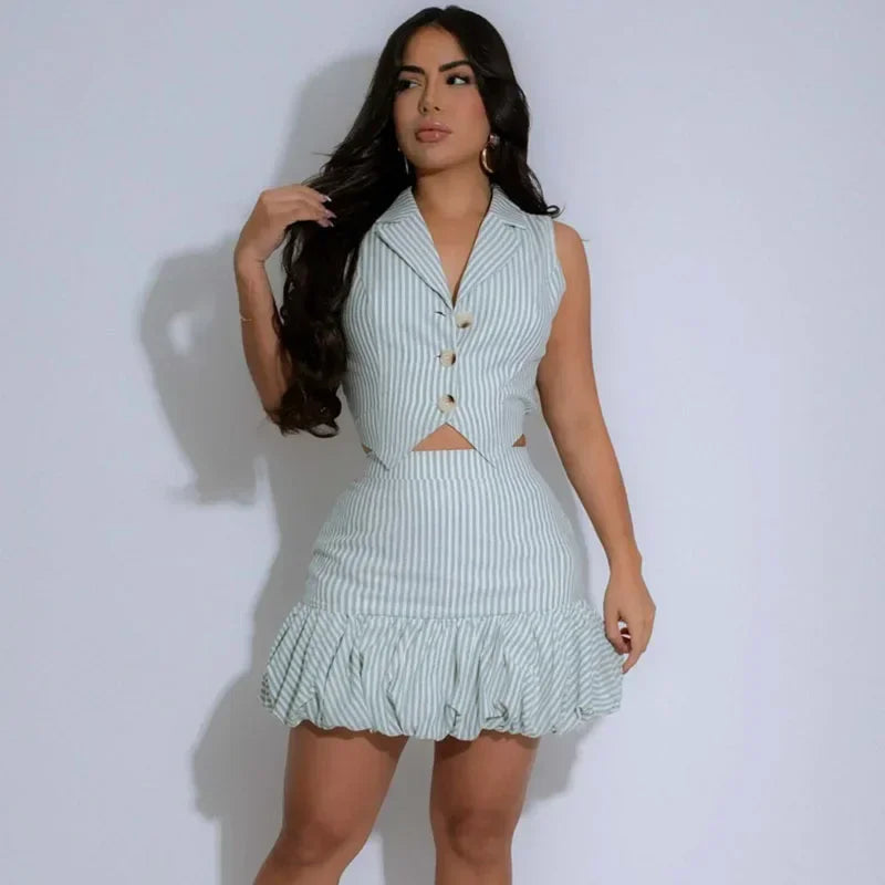 Striped Notched Vest Top And Mini Skirt Set for Women