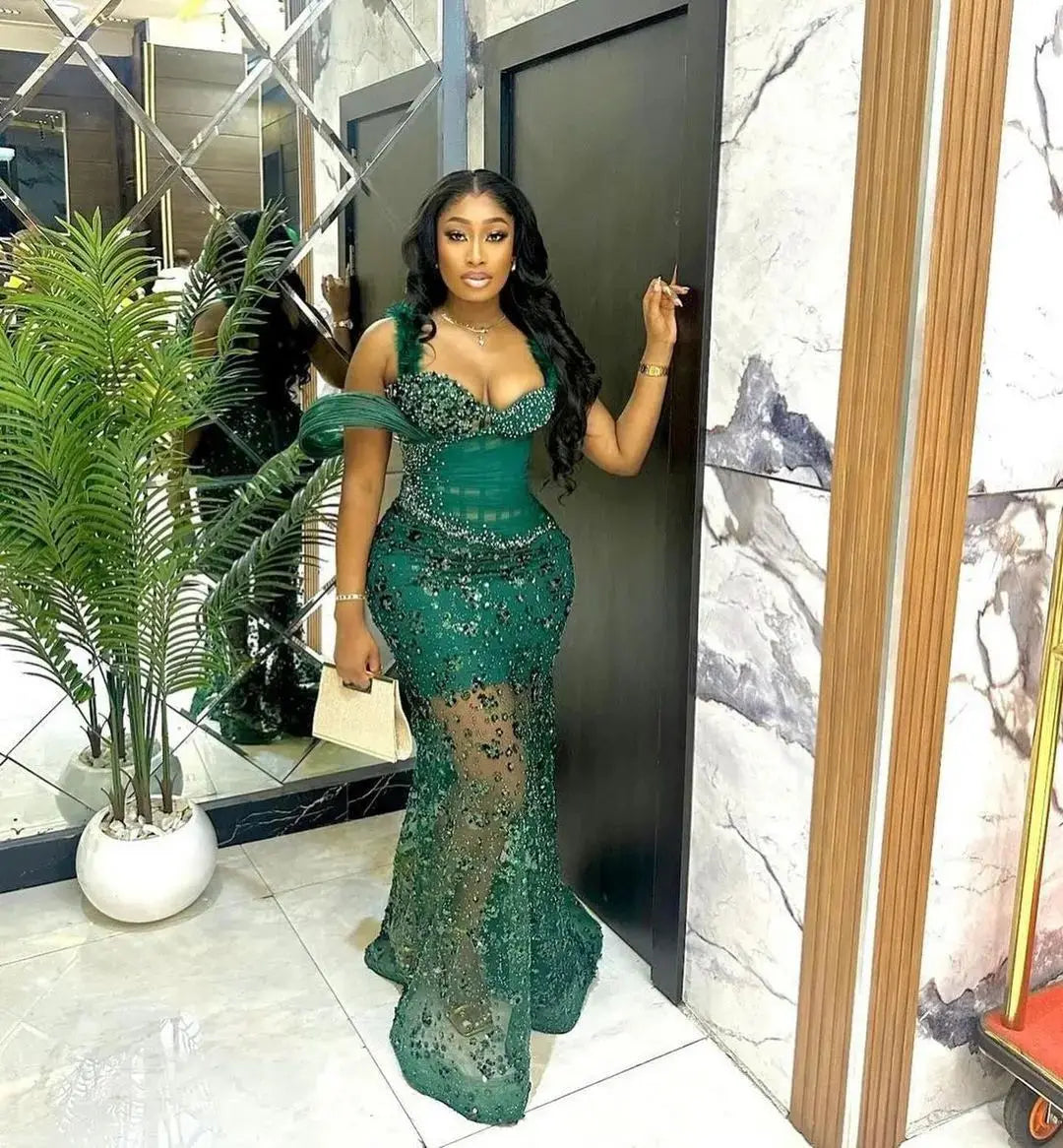Emerald Halter Beaded Feather Prom Dress