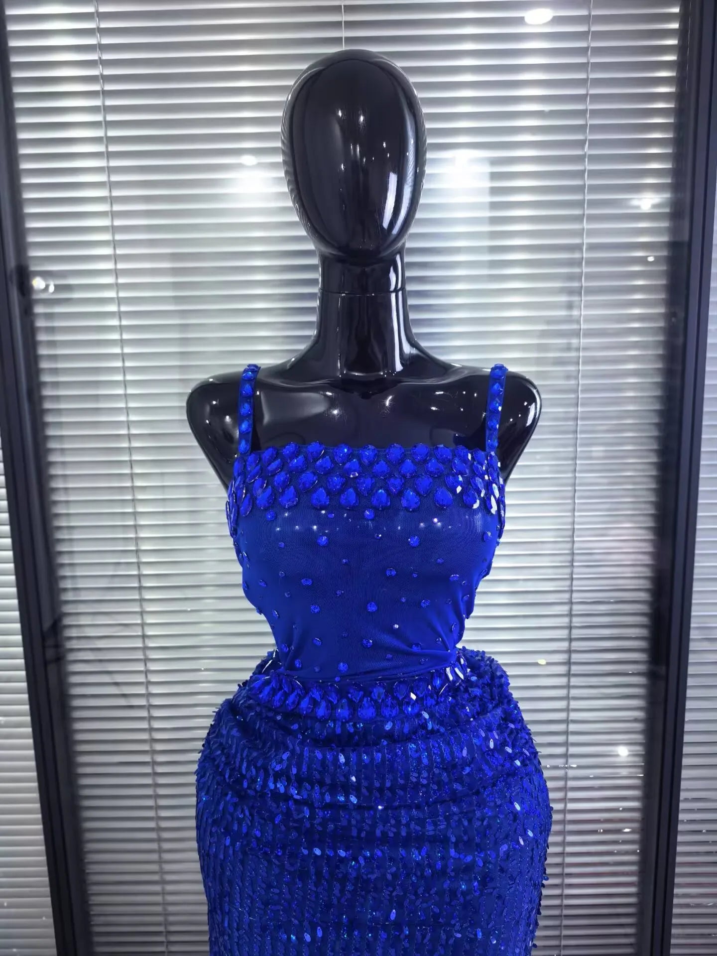 Blue Color Women Sleeveless Sexy Sparkly Crystal 2 Pieces Bodycon Long Dress Mesh Celebrate Birthday Photoshoot Wear