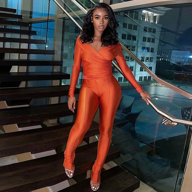 2025 Spring/Summer Women's Sexy Off Shoulder Big V-neck European and American Style High Waist Tight Pants Casual Sports Set