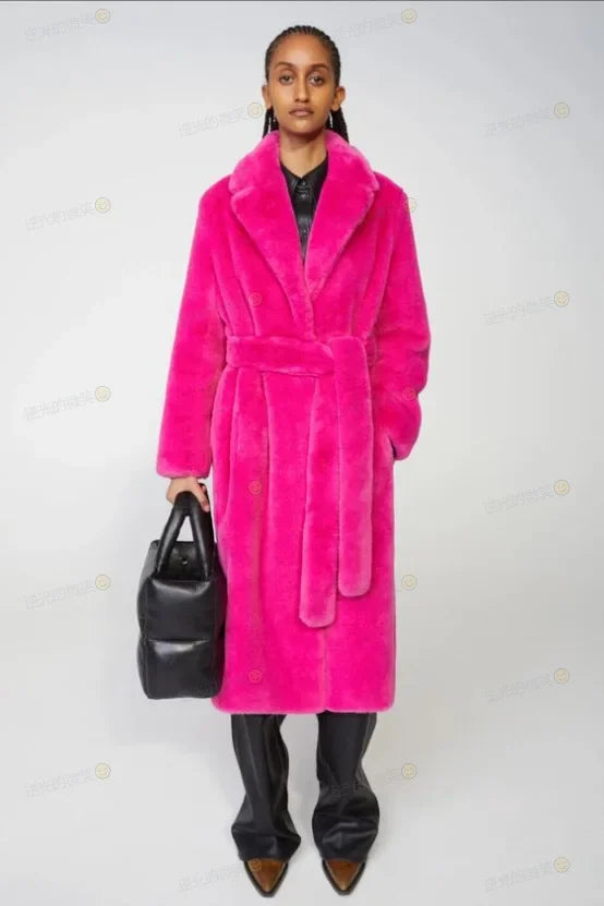 Long Belted Faux Fur Winter Coat